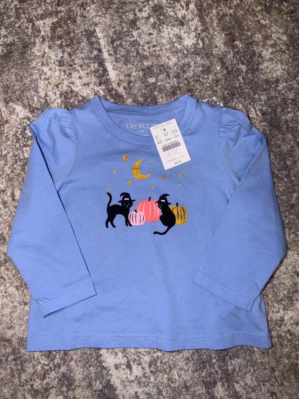 Crewcuts Light Blue Long-Sleeve Tee with Black Cats & Pink Pumpkins